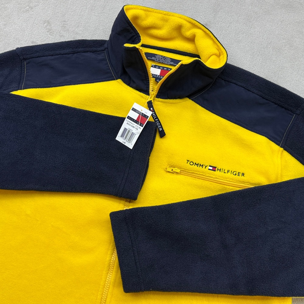 VTG Tommy Hilfiger Fleece Jacket Mens Large Yellow Navy Blue Colorblock Full Zip